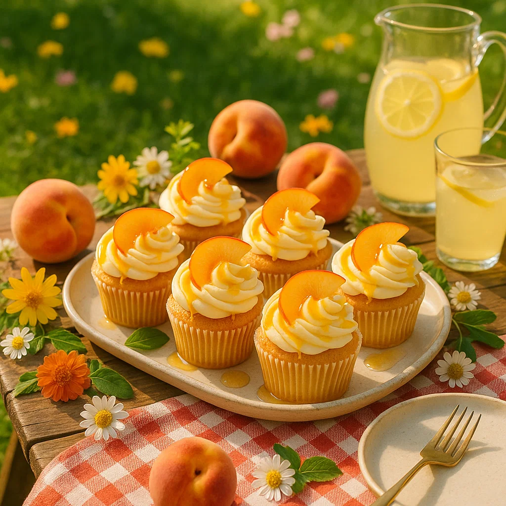 Honey Peach Cream Cheese Cupcakes Honey Peach Cream Cheese Cupcakes elegantly presented with peach slices and a drizzle of honey on a rustic platter.