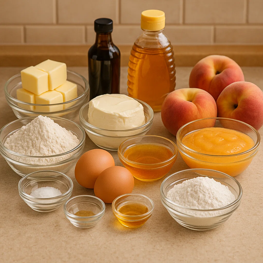 Honey Peach Cream Cheese Cupcakes Ingredients for Honey Peach Cream Cheese Cupcakes including flour, butter, cream cheese, honey, peaches, and more.
