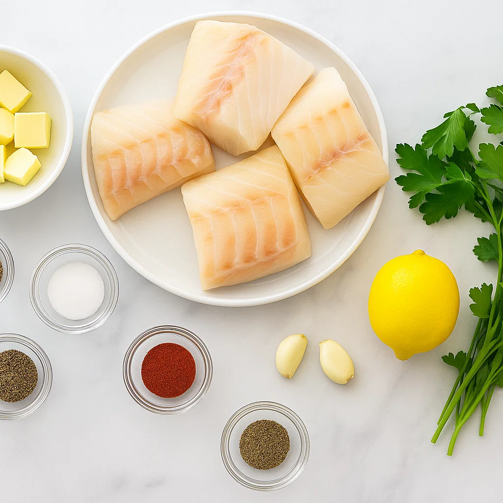 Lemon Butter Baked Cod Ingredients for Lemon Butter Baked Cod: cod fillets, butter, garlic, lemon, parsley, and spices