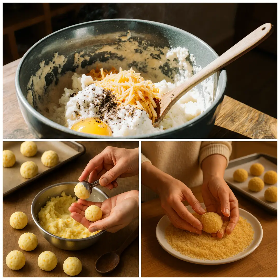 Mashed Potato Cheese Puffs Step-by-step process of making mashed potato cheese puffs, showing mixing, shaping, breadcrumb coating, and baking on a kitchen counter.