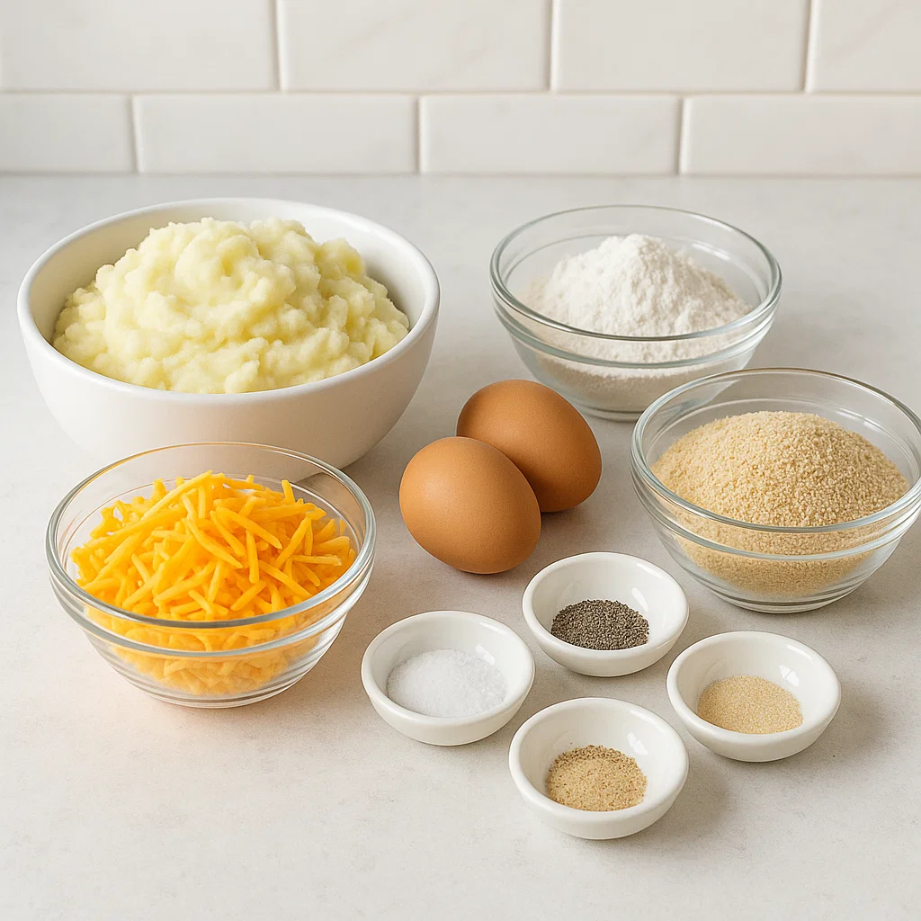 Mashed Potato Cheese Puffs Ingredients for mashed potato cheese puffs laid out on a kitchen counter, including mashed potatoes, shredded cheddar cheese, eggs, flour, garlic powder, salt, pepper, and breadcrumbs.