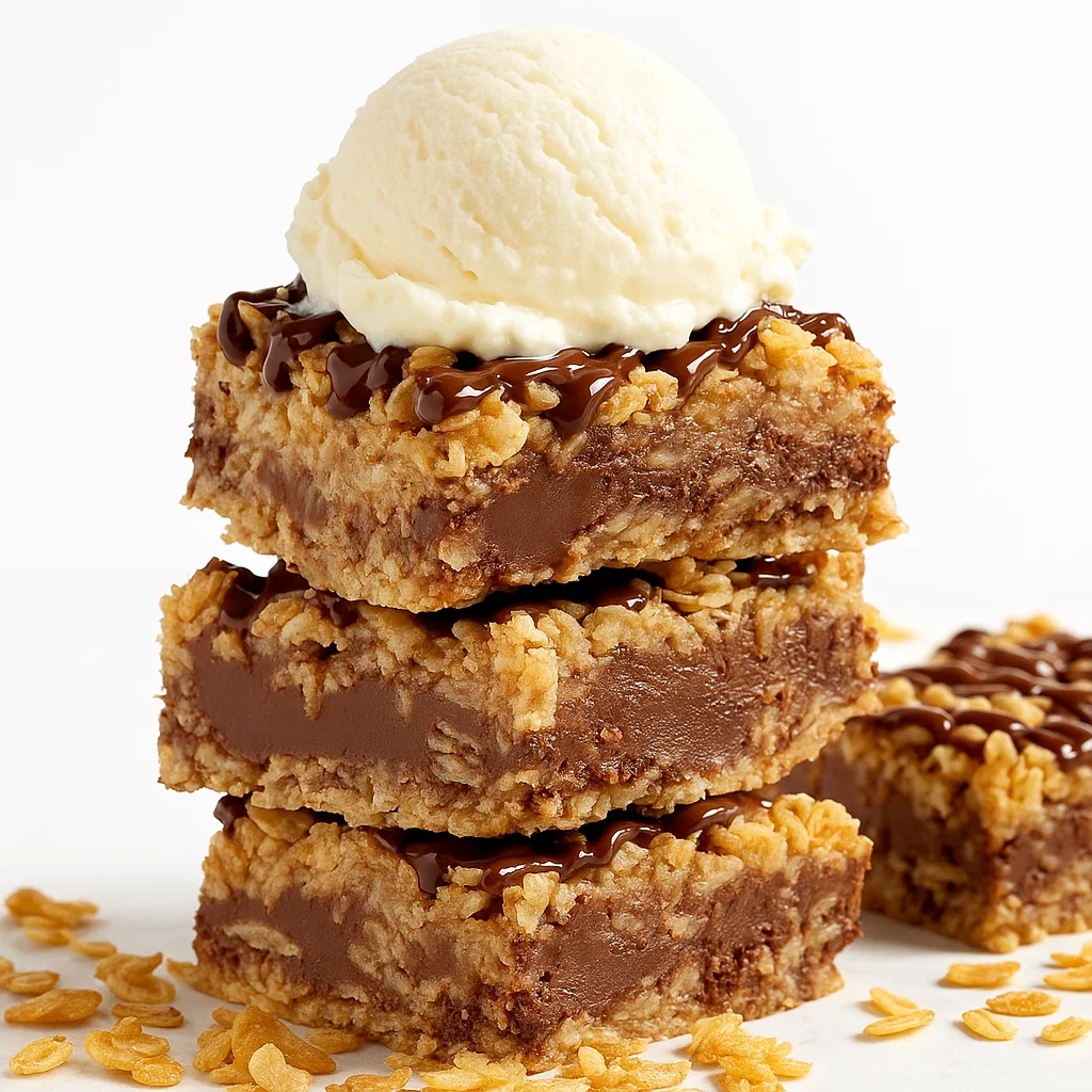 No Bake Chocolate Oatmeal Bars A beautifully presented plate of no-bake chocolate oatmeal bars, topped with a scoop of vanilla ice cream and a swirl of whipped cream, set on a neutral background.