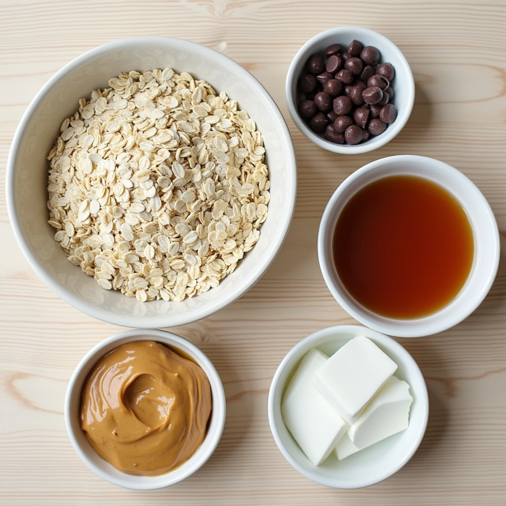No Bake Chocolate Oatmeal Bars A flat lay image of ingredients for a no-bake dessert, including rolled oats, chocolate chips, peanut butter, maple syrup, and coconut oil arranged on a wooden countertop.