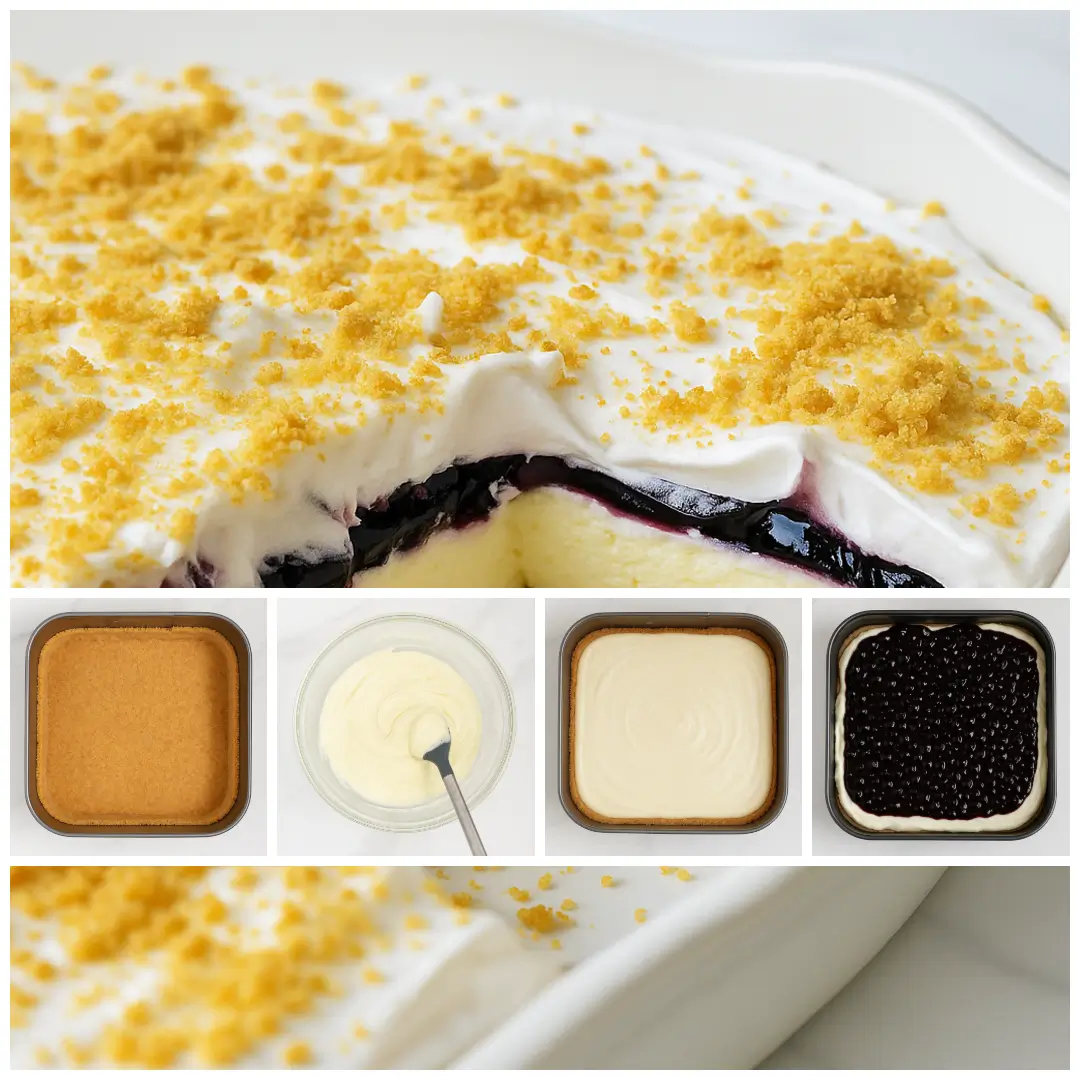 No Bake Lemon Blueberry Dessert Step-by-step image showing graham cracker crumbs mixed with melted butter in a bowl, with a spoon pressing the mixture into a dessert pan.