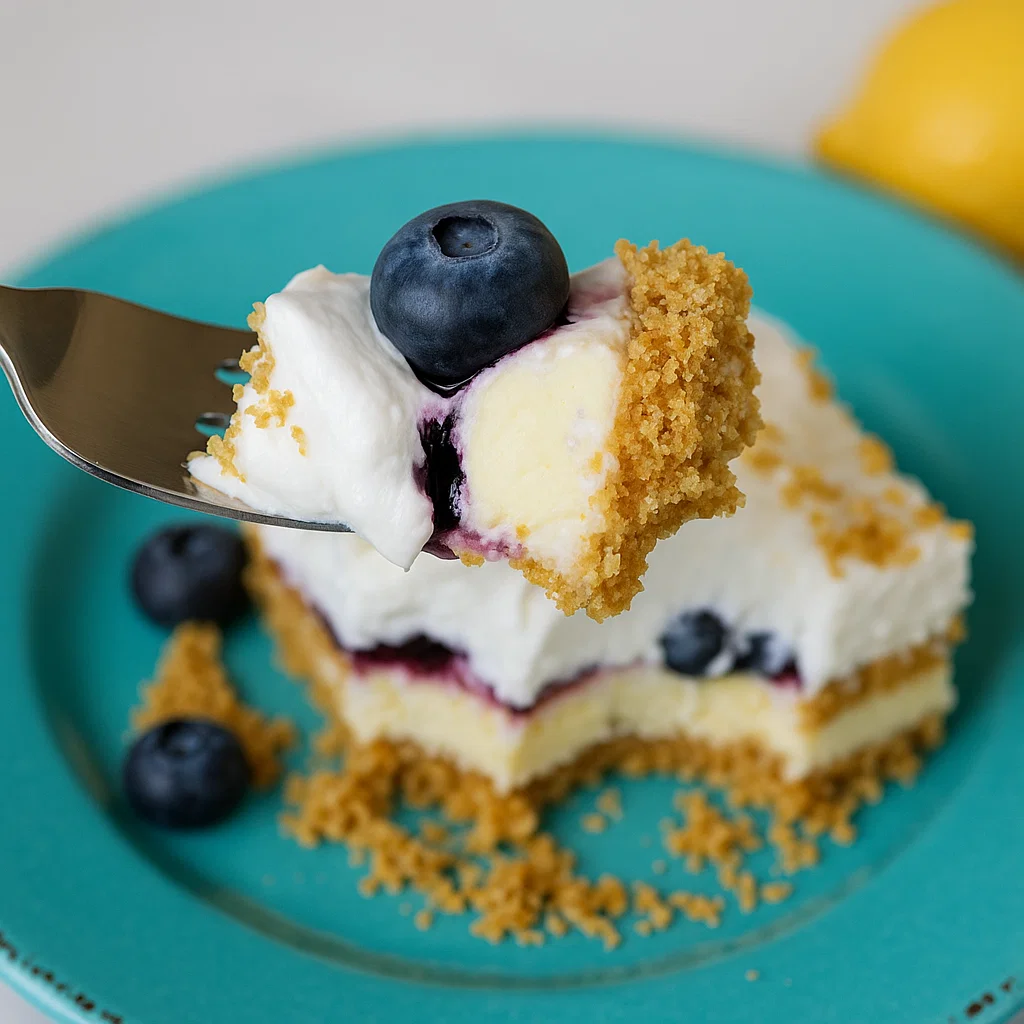 No Bake Lemon Blueberry Dessert 2 Fully prepared no-bake lemon blueberry dessert with creamy lemon filling, blueberry topping, and whipped topping, presented in a 13x9-inch dish.