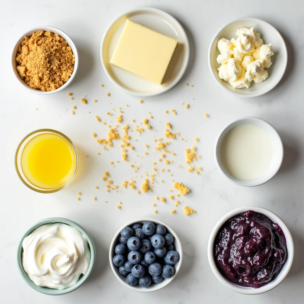 No Bake Lemon Blueberry Dessert All ingredients for no-bake lemon blueberry dessert arranged on a light surface, including graham cracker crumbs, butter, cream cheese, sugar, lemon juice, milk, instant lemon pudding, blueberry pie filling, and whipped topping.