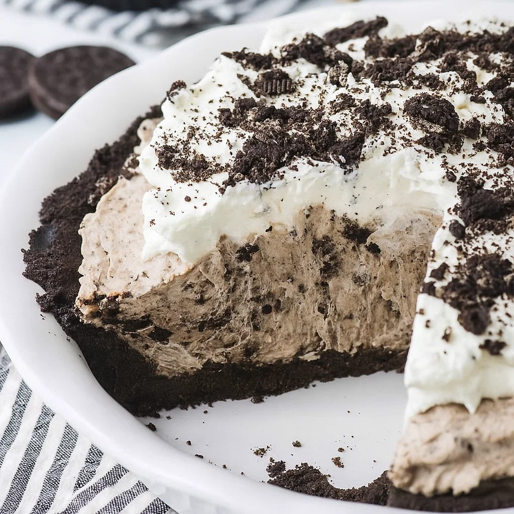 Oreo Pudding Pie, topped with whipped cream and crushed Oreos, ready to serve