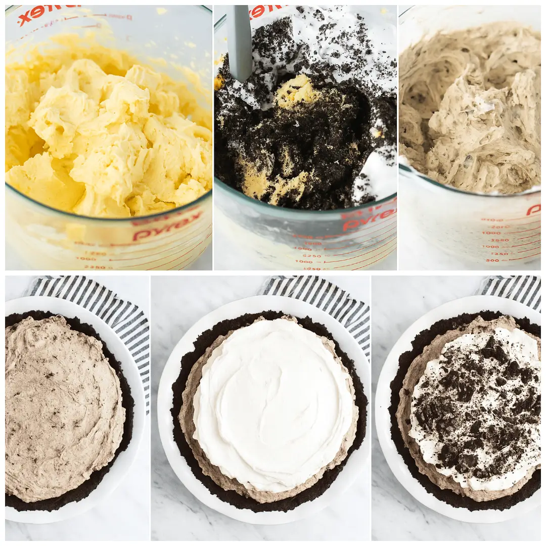 Oreo pudding pie Step-by-step process of making Oreo Pudding Pie: preparing crust, mixing filling, and whipping topping