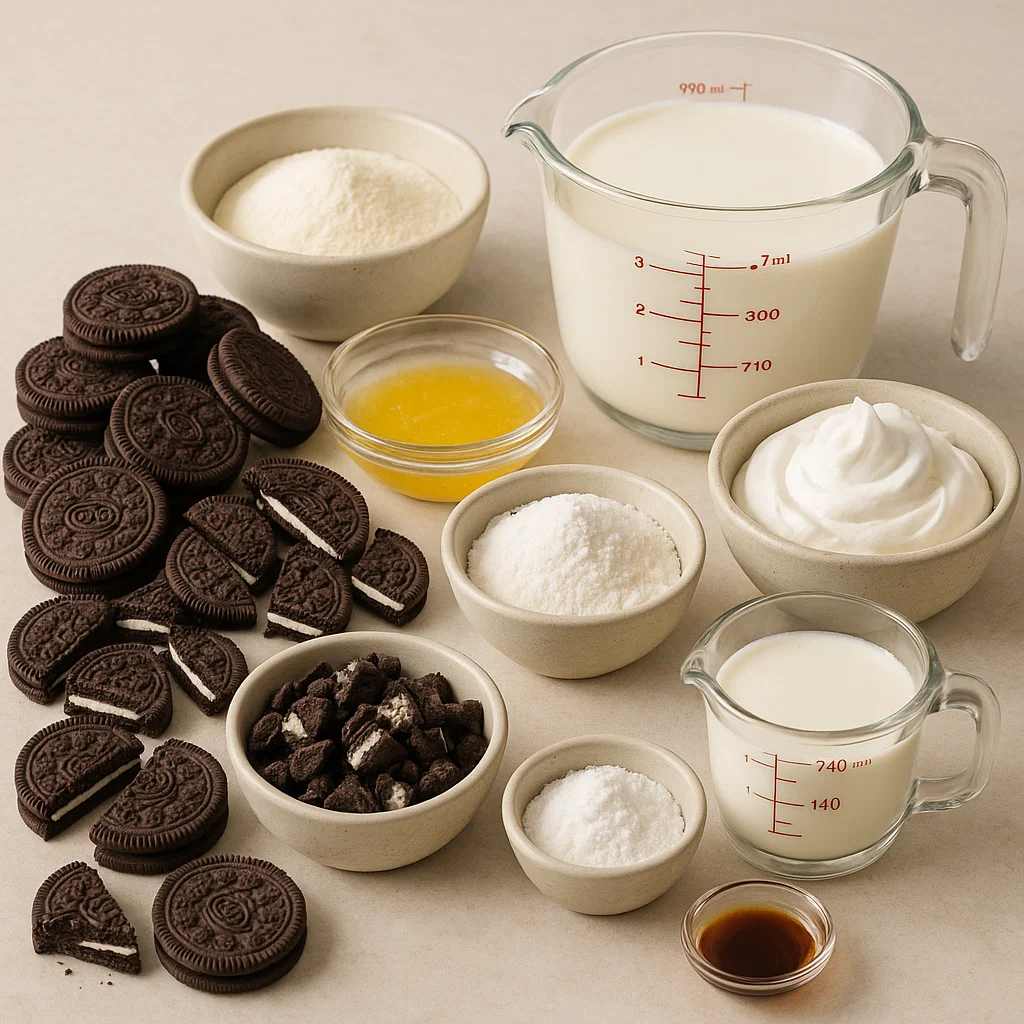 Oreo pudding pie Oreo Pudding Pie ingredients: Oreos, butter, vanilla pudding mix, heavy cream, Cool Whip, chopped Oreos, powdered sugar, vanilla extract