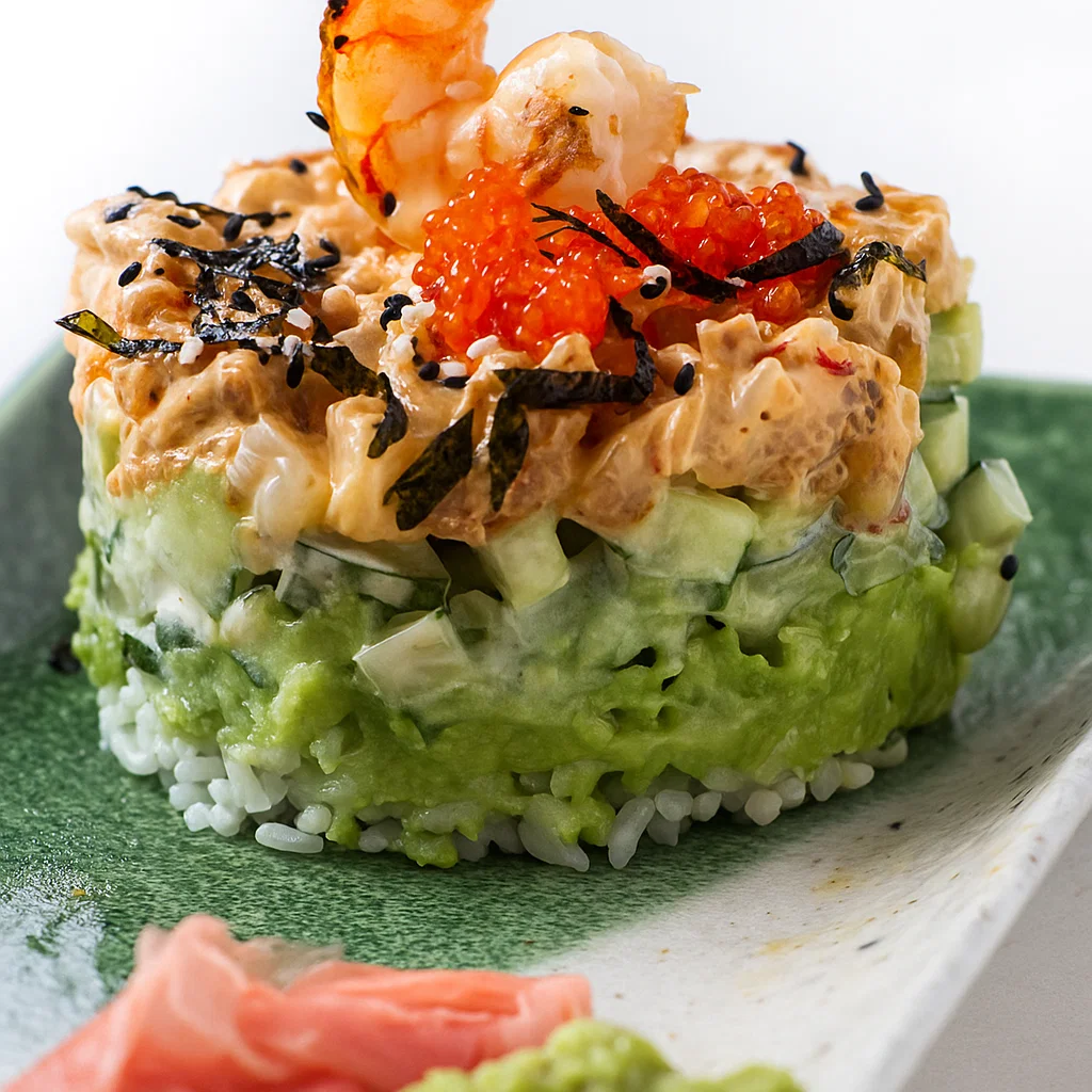 Spicy Sushi Shrimp Stacks Beautifully presented Spicy Sushi Shrimp Stacks garnished with sesame seeds, tobiko fish roe, and a whole shrimp, served with wasabi sauce, soy sauce, and pickled ginger on a plate.