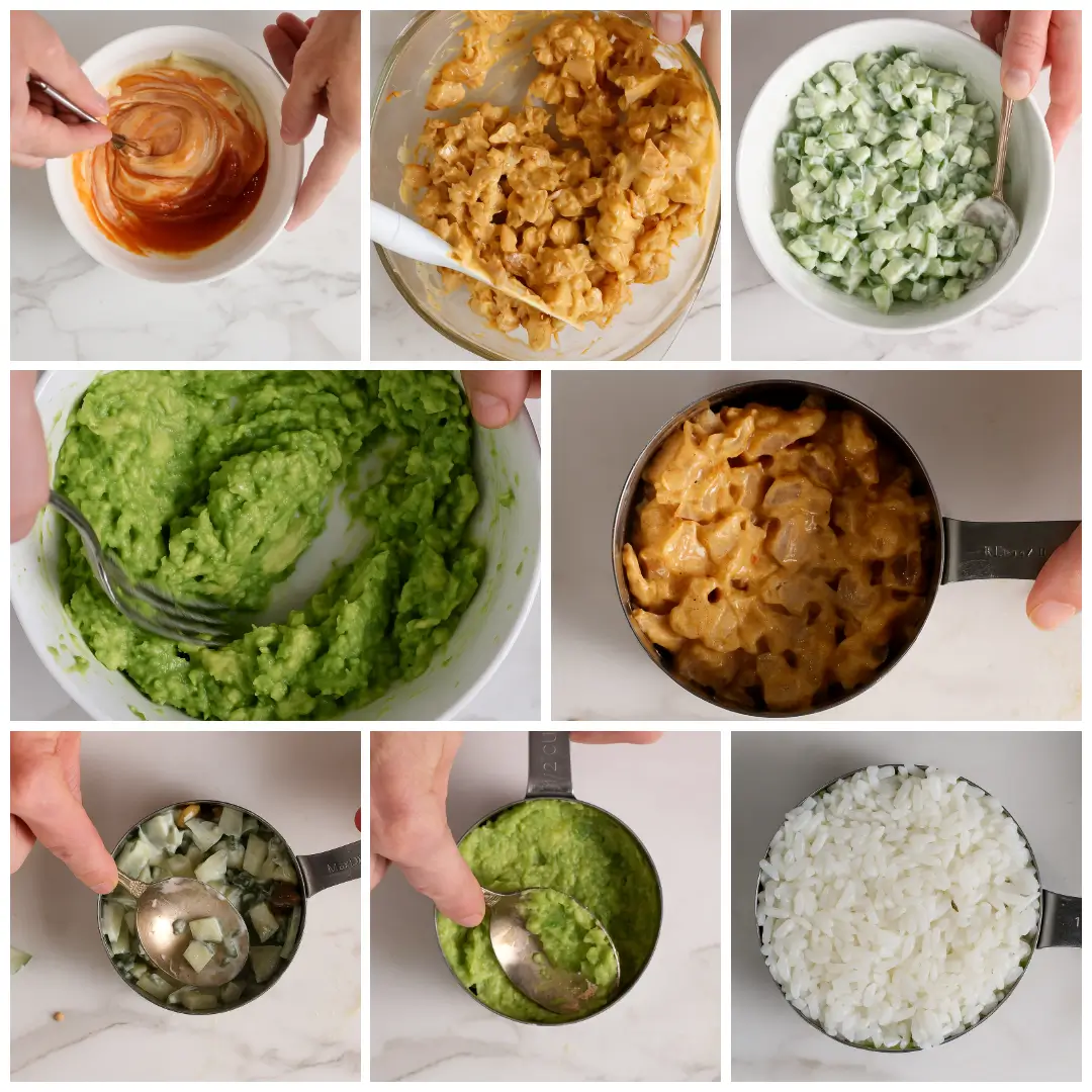 Spicy Sushi Shrimp Stacks Step-by-step assembly of Spicy Sushi Shrimp Stacks, showing layers of shrimp, avocado, cucumber, and sushi rice being placed into a mold.