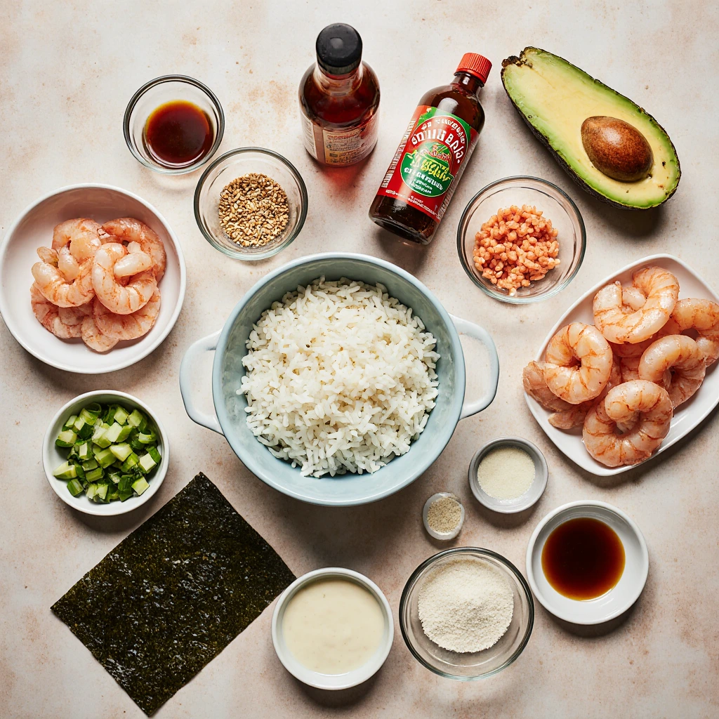Spicy Sushi Shrimp Stacks All the fresh ingredients for Spicy Sushi Shrimp Stacks: sushi rice, cooked shrimp, avocado, cucumber, scallions, mayonnaise, sriracha sauce, rice vinegar, sesame oil, granulated sugar, nori sheet, sesame seeds, tobiko fish roe, wasabi sauce, soy sauce, and pickled ginger arranged on a modern kitchen countertop.