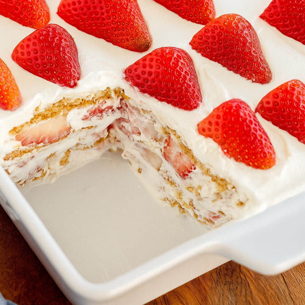 Strawberry Icebox Cake {No Bake} Finished no-bake strawberry icebox cake topped with fresh strawberries.
