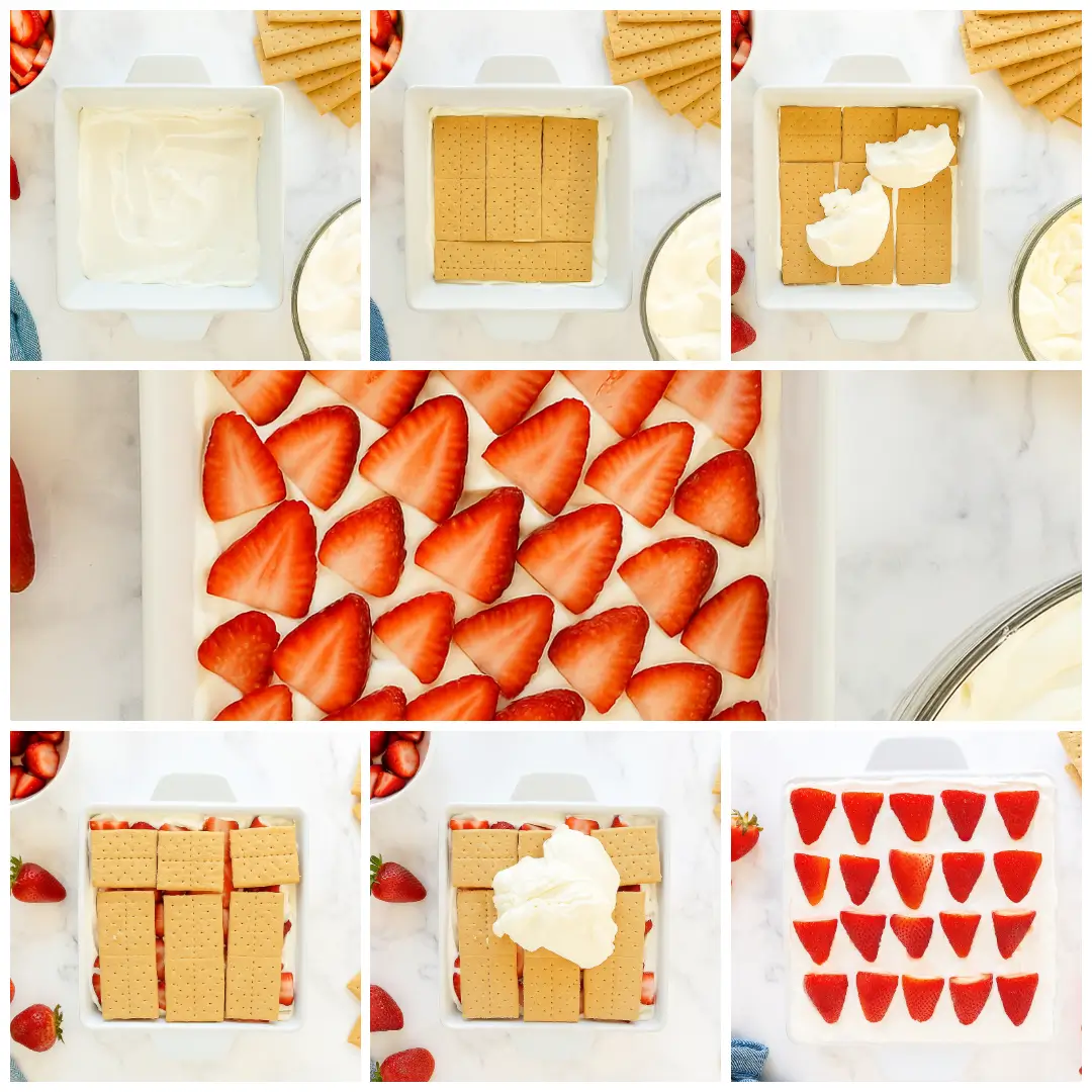 Strawberry Icebox Cake {No Bake} Step-by-step process of assembling the no-bake strawberry icebox cake with graham crackers, whipped cream, and strawberries.