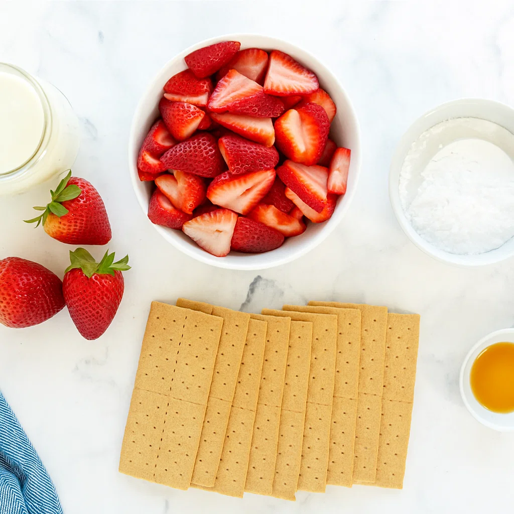 Strawberry Icebox Cake {No Bake} Ingredients for no-bake strawberry icebox cake: strawberries, graham crackers, whipped cream, powdered sugar, and vanilla.