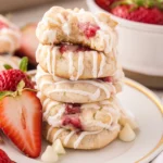 Baked strawberry shortcake cookies drizzled with a sweet glaze, served on a plate.