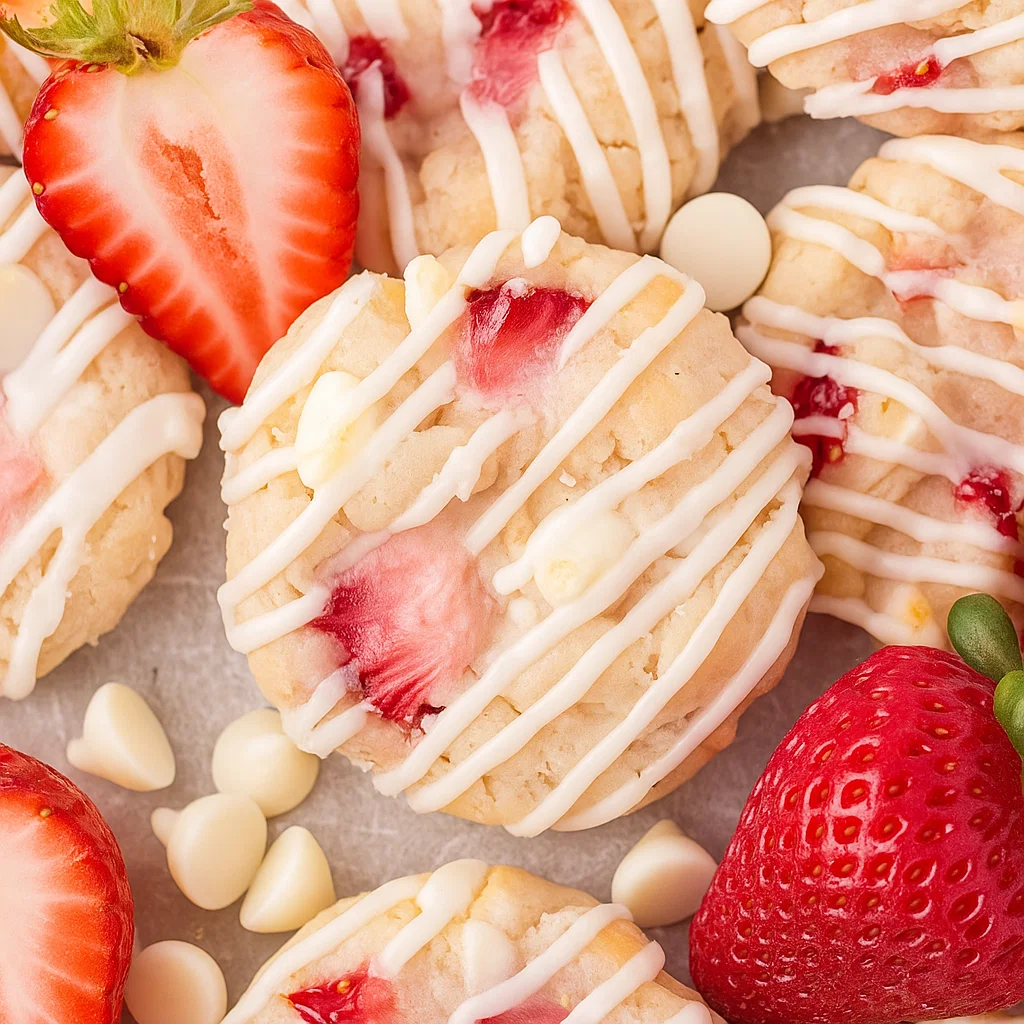 Strawberry Shortcake Cookies Baked strawberry shortcake cookies drizzled with a sweet glaze, served on a plate.