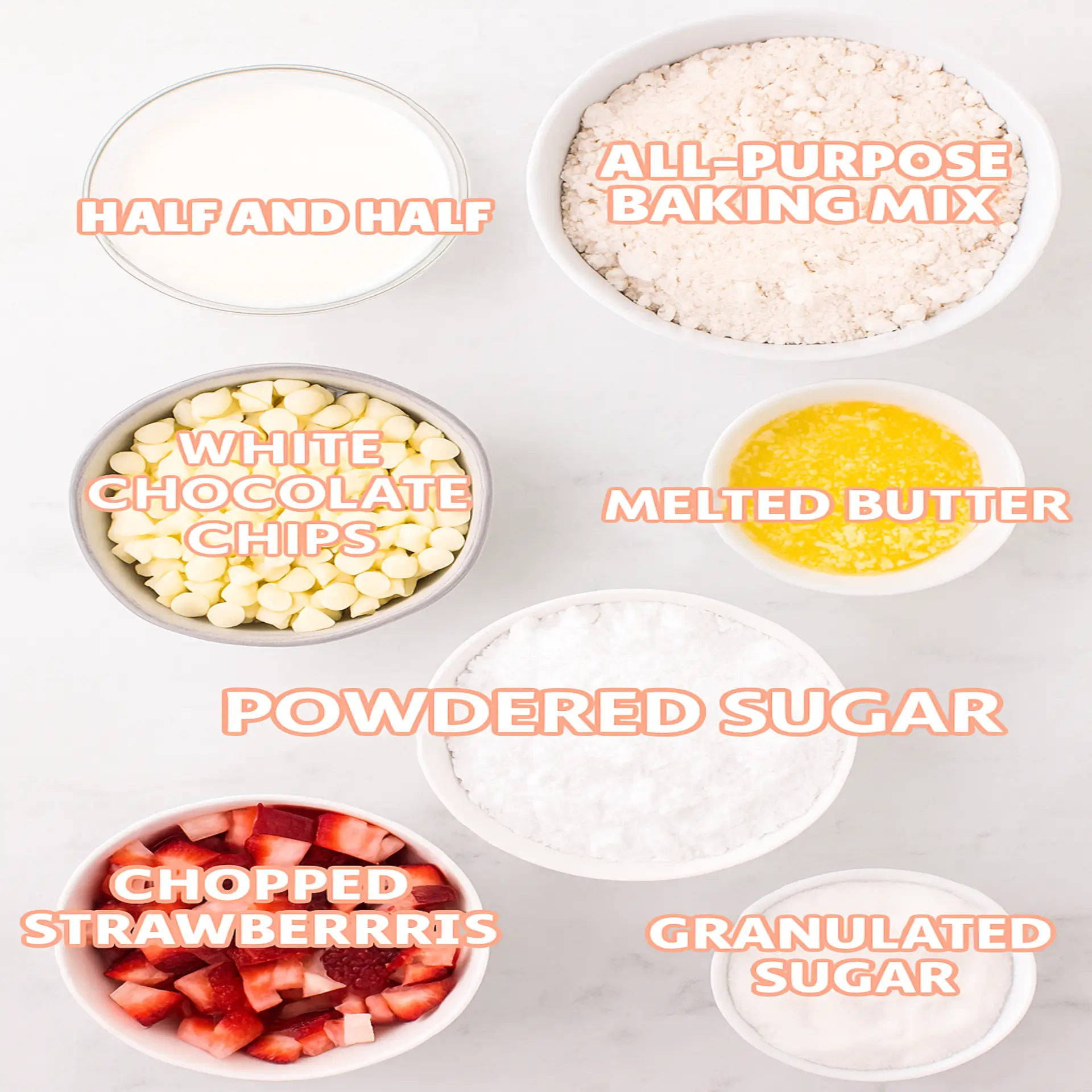Strawberry Shortcake Cookies Ingredients for making strawberry shortcake cookies including baking mix, sugar, butter, strawberries, and white chocolate chips.