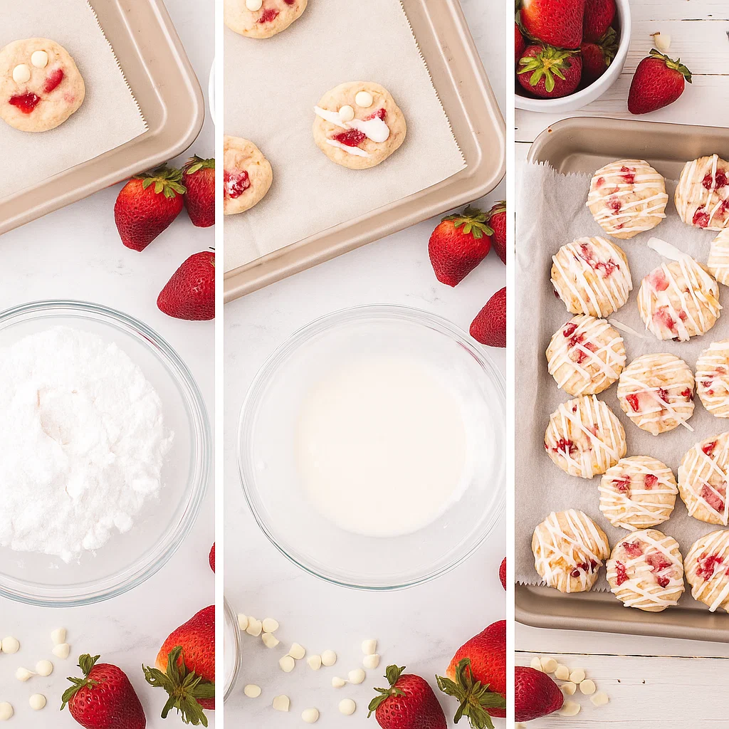Strawberry Shortcake Cookies Step-by-step process of making strawberry shortcake cookies, from mixing ingredients to adding strawberries and chocolate chips.