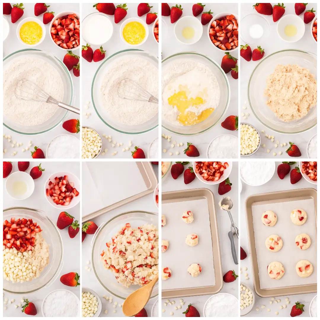 Strawberry Shortcake Cookies Step-by-step process of making strawberry shortcake cookies, from mixing ingredients to adding strawberries and chocolate chips.