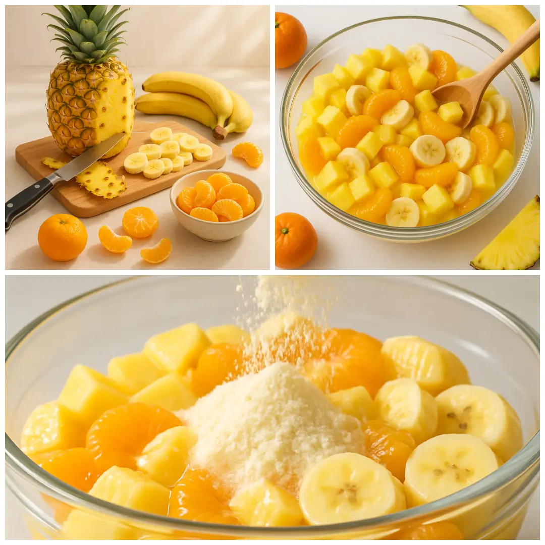 Sunshine Salad Step-by-step preparation of Sunshine Salad with fresh fruits, adding sugar-free vanilla pudding mix, and serving.