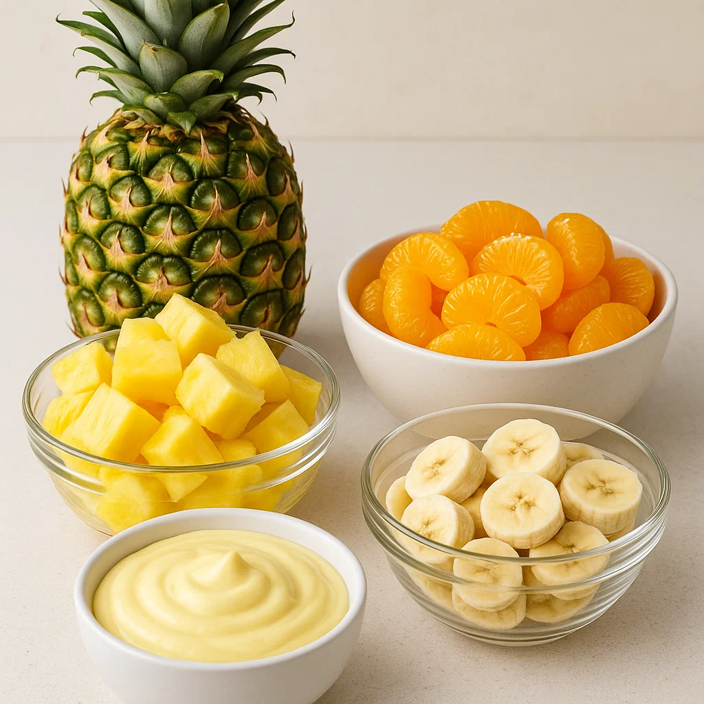 Sunshine Salad Fresh ingredients for Sunshine Salad including pineapple, mandarin oranges, bananas, and sugar-free vanilla pudding mix.