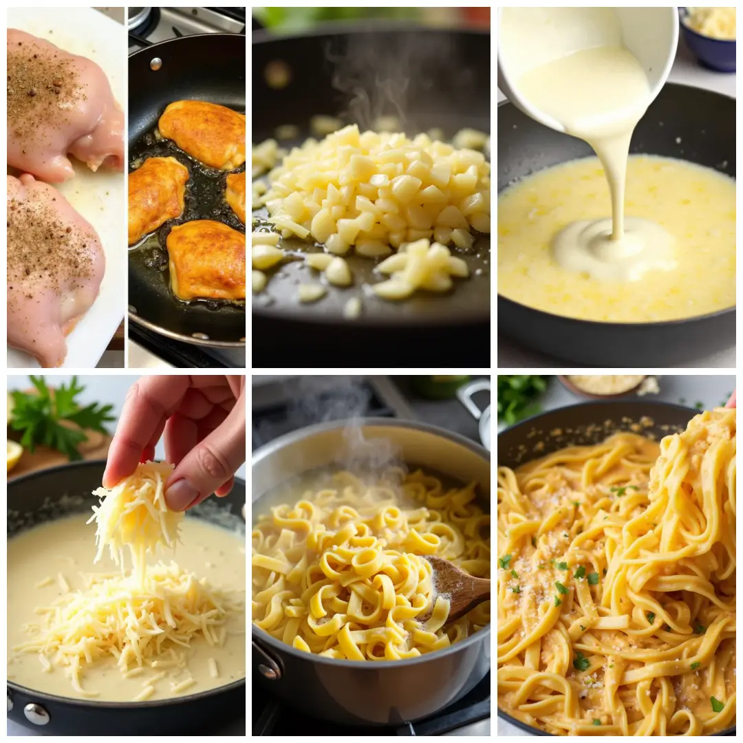 creamy Cajun chicken pasta A step-by-step cooking process for Cajun Chicken Pasta, showing chicken being cooked, garlic sautéing, and cream being added to the skillet.