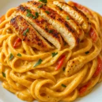 A plate of creamy Cajun Chicken Pasta with generous sauce, fettuccine noodles, sliced Cajun chicken, fresh parsley, and a lemon wedge.