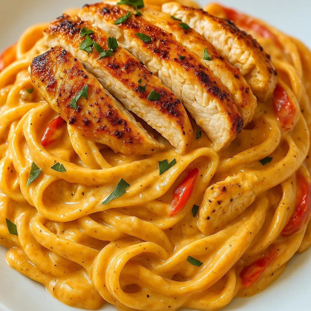 creamy Cajun chicken pasta A plate of creamy Cajun Chicken Pasta with generous sauce, fettuccine noodles, sliced Cajun chicken, fresh parsley, and a lemon wedge.