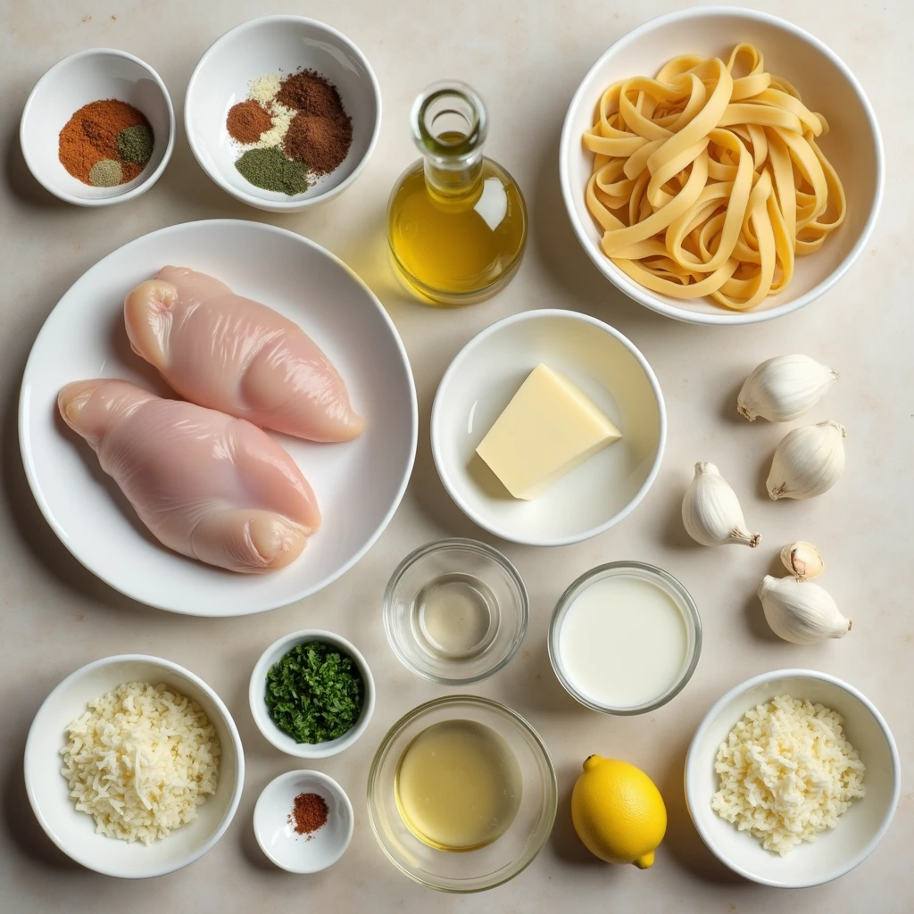 creamy Cajun chicken pasta Various ingredients for Cajun Chicken Pasta arranged on a beige surface, including chicken, olive oil, spices, pasta, garlic, cream, broth, Parmesan, parsley, and lemon.