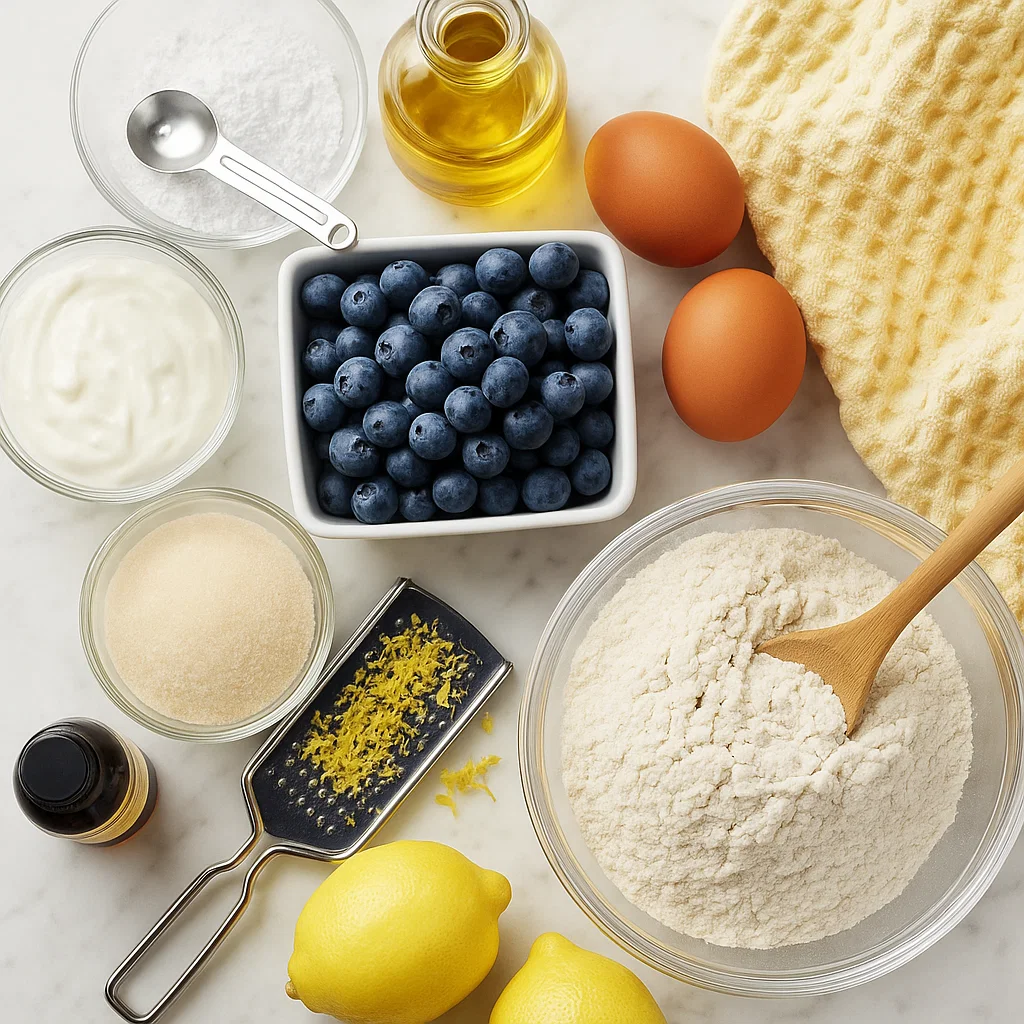 lemon-blueberry-bread Fresh ingredients for lemon blueberry bread, including flour, sugar, blueberries, and lemon.