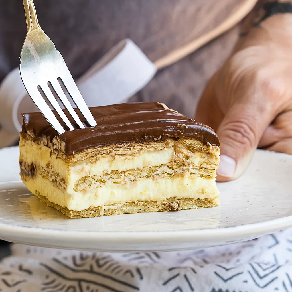 Chocolate Eclair Cake Chocolate Eclair Cake slice with pudding and frosting layers