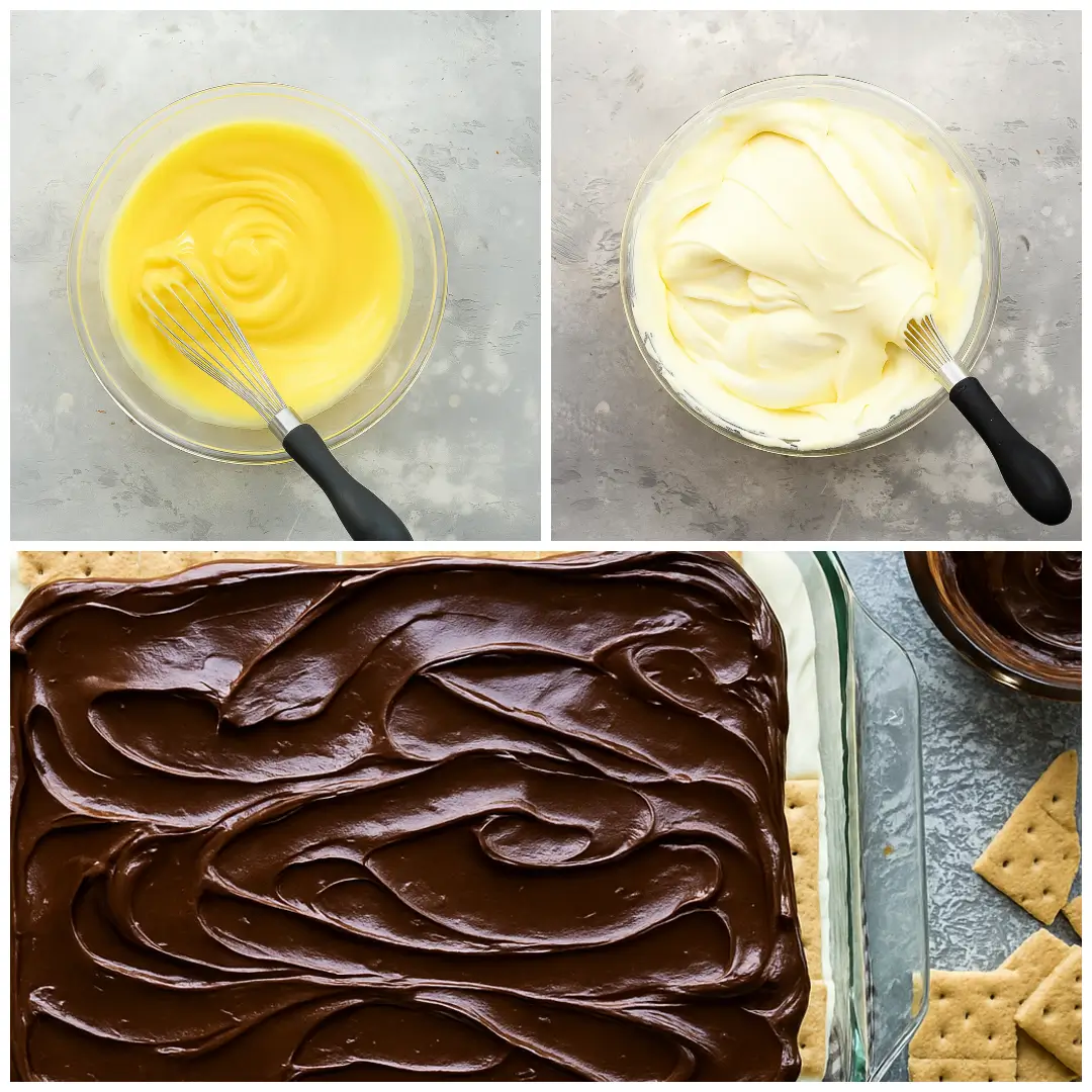 Chocolate Eclair Cake Layering graham crackers and pudding for Chocolate Eclair Cake