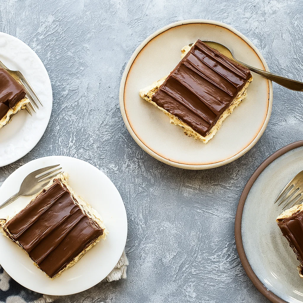 Chocolate Eclair Cake slice with raspberries and mint garnish