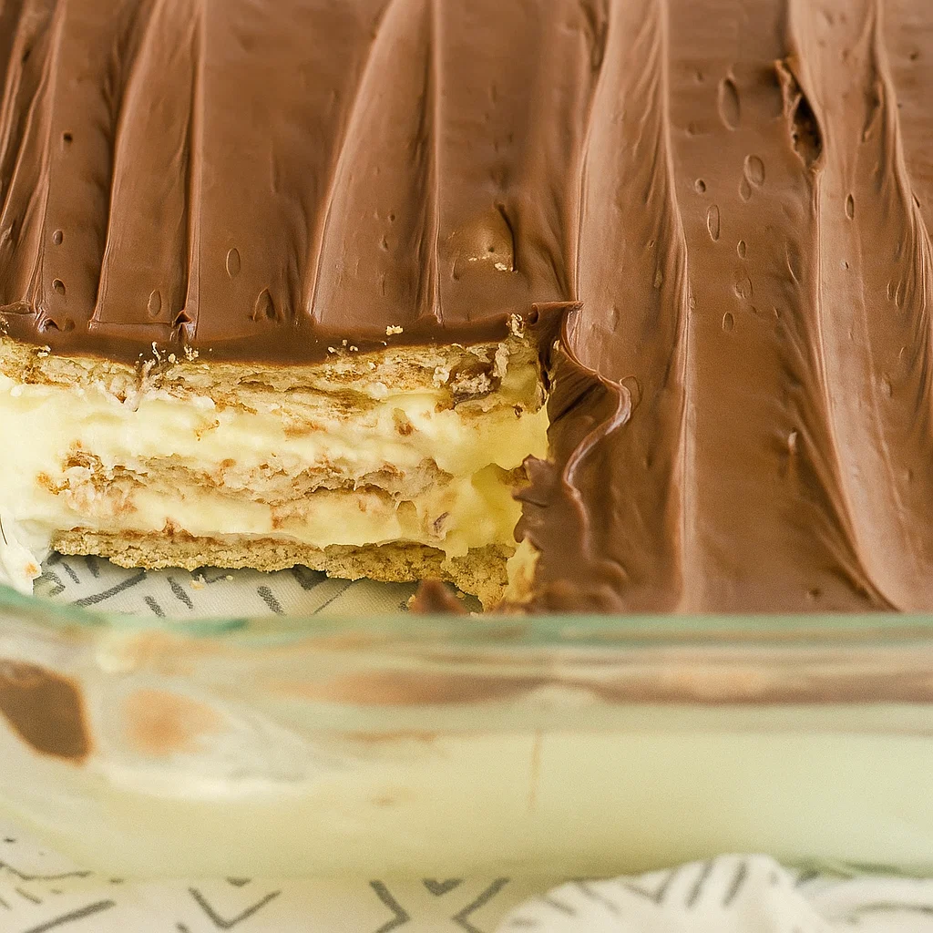 Chocolate Eclair Cake Chocolate Eclair Cake slice with pudding and frosting layers