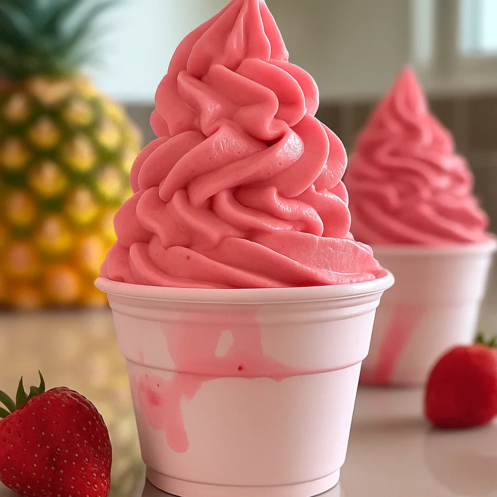 Dole Whip Recipe Creamy strawberry protein Dole Whip recipe served in a glass dessert bowl