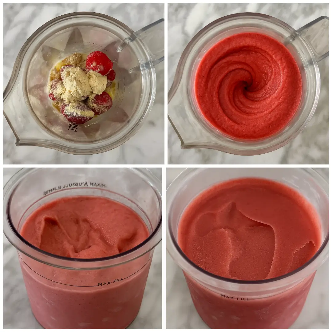 Dole Whip Recipe Blending strawberry protein Dole Whip with almond milk and frozen fruit