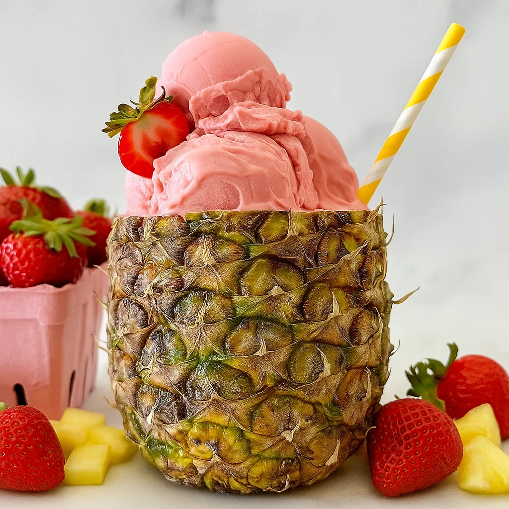 Strawberry Dole Whip served in a pineapple cup with fresh strawberries and pineapple chunks