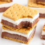 Frozen s’mores squares served on a white plate with chocolate drizzle and graham cracker garnish