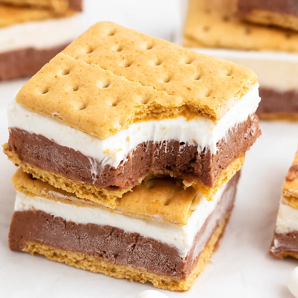 Frozen s’mores squares served on a white plate with chocolate drizzle and graham cracker garnish