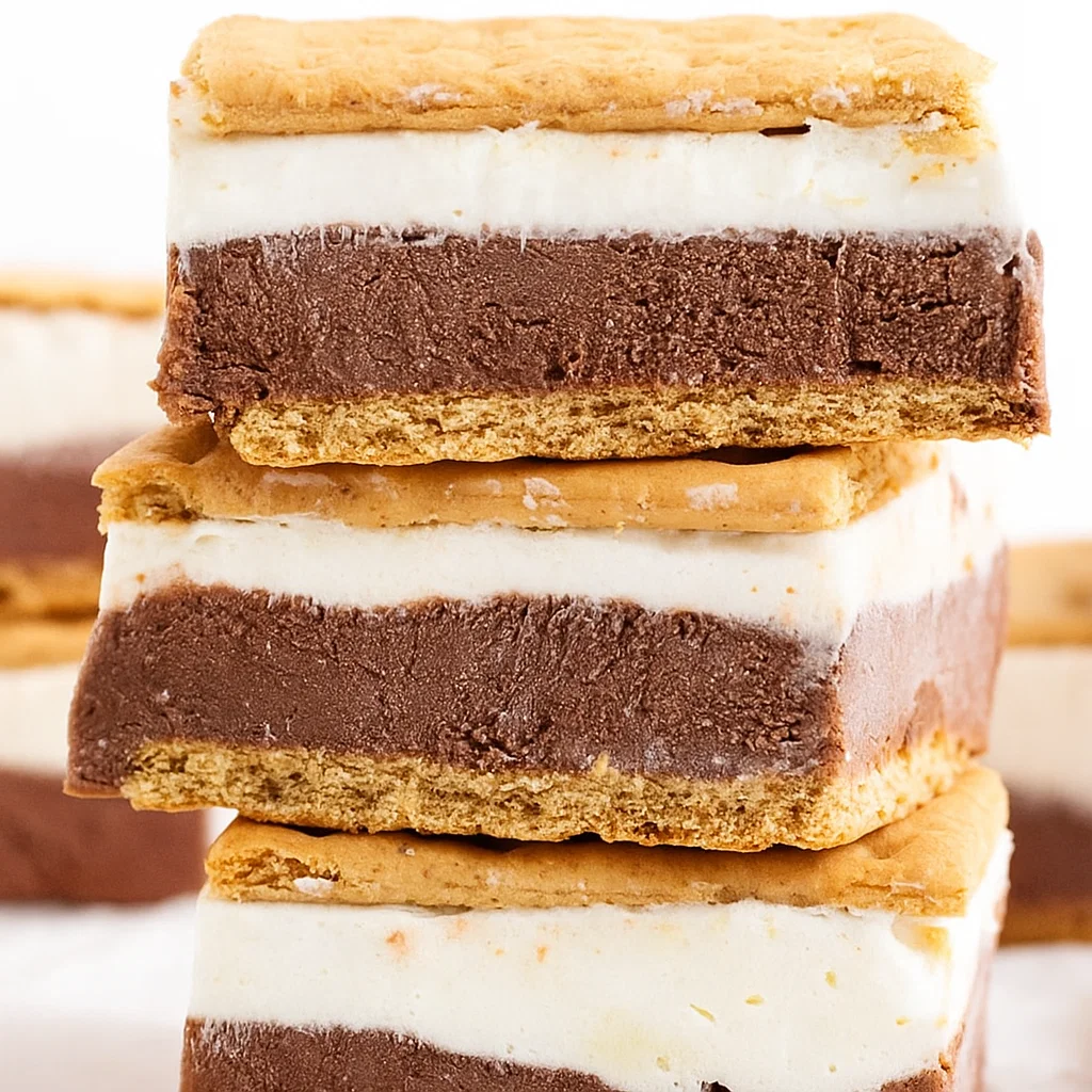 Frozen S’mores Frozen s’mores squares served on a white plate with chocolate drizzle and graham cracker garnish