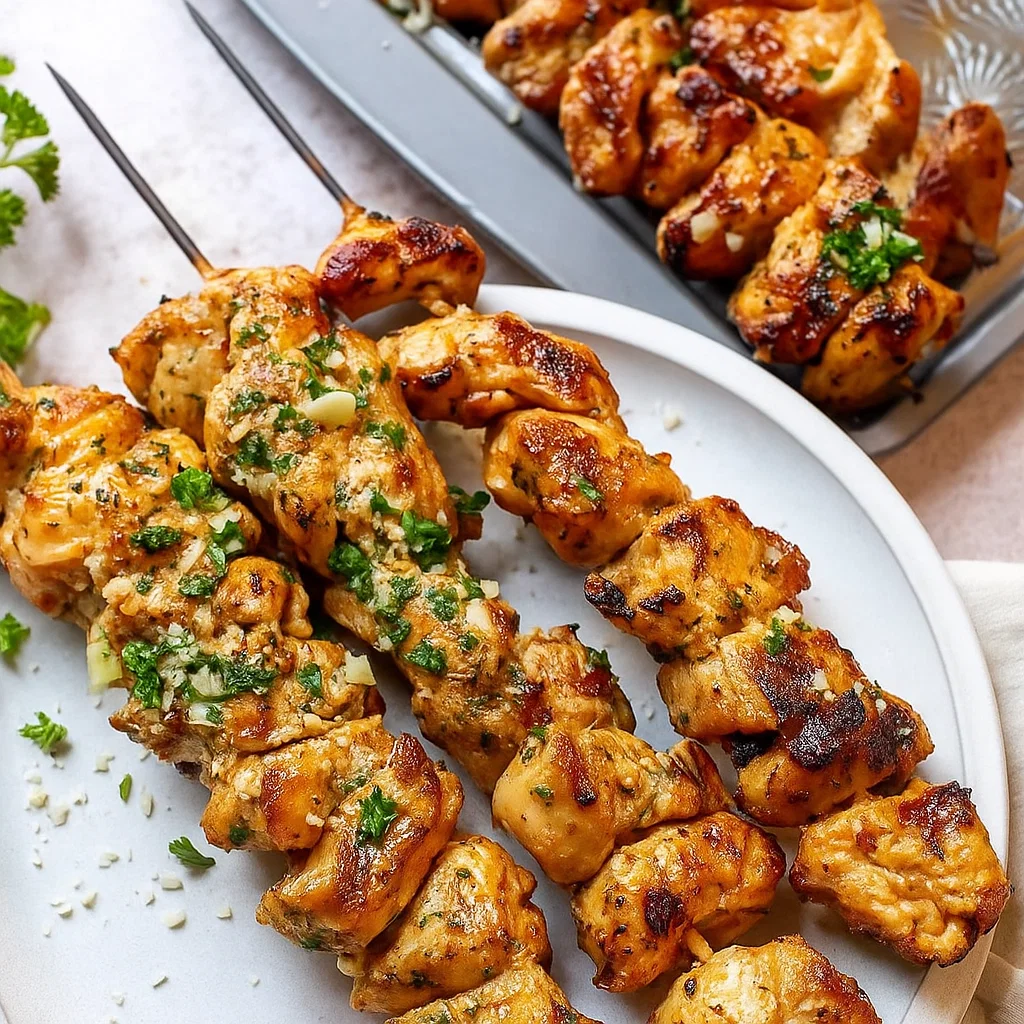 Garlic Parmesan Chicken Skewers grilled with garlic butter