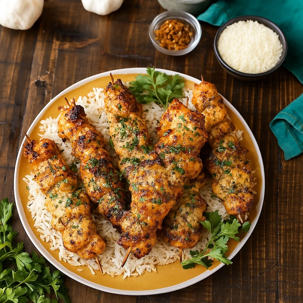 Garlic Parmesan Chicken Skewers Garlic Parmesan Chicken Skewers served with lemon and salad