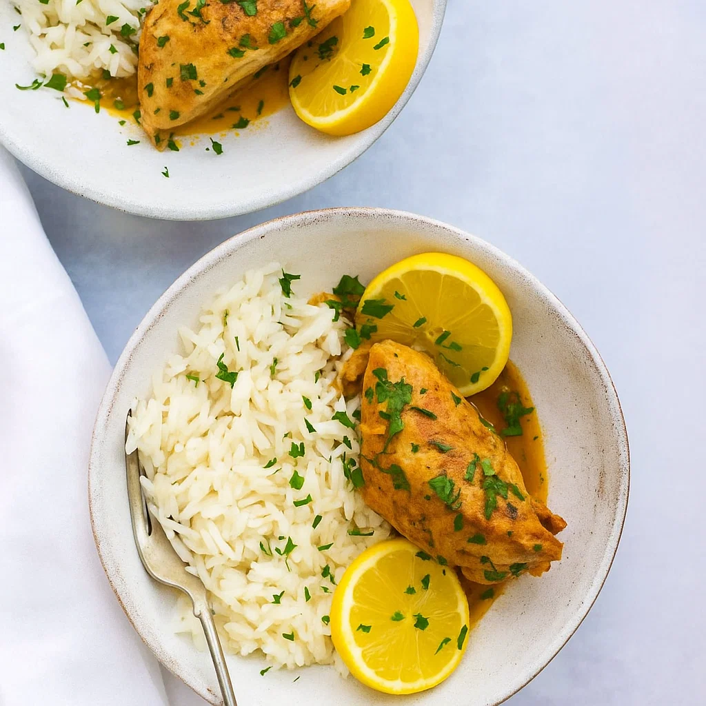 Instant Pot Lemon Garlic Chicken served with rice and green beans