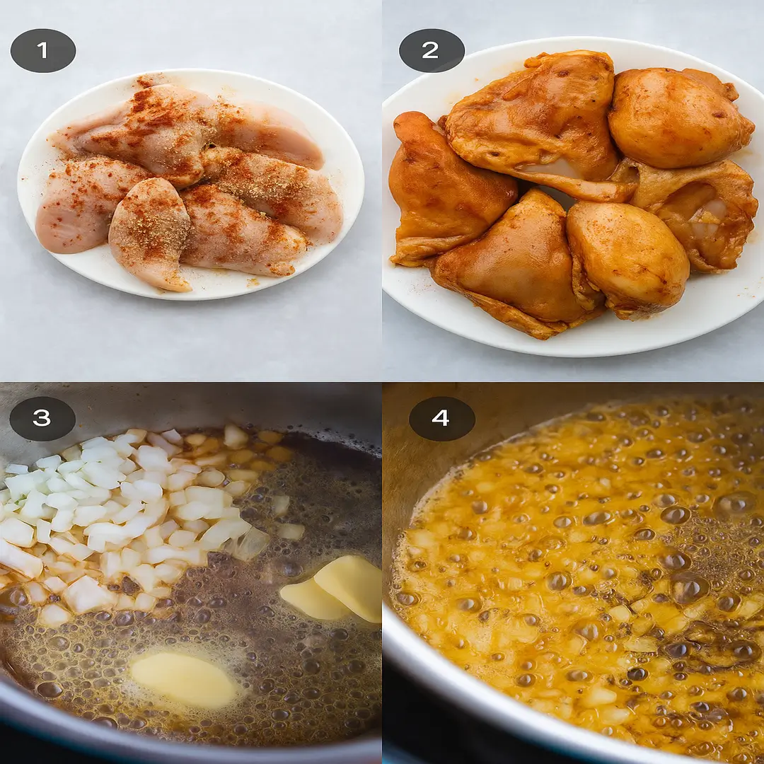Instant Pot Lemon Garlic Chicken Chicken breasts searing in Instant Pot with garlic and onions