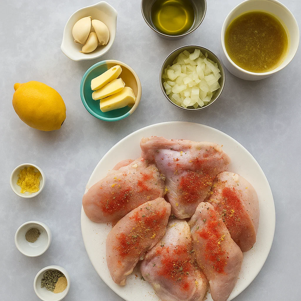 Instant Pot Lemon Garlic Chicken Ingredients for Instant Pot Lemon Garlic Chicken on wooden counter