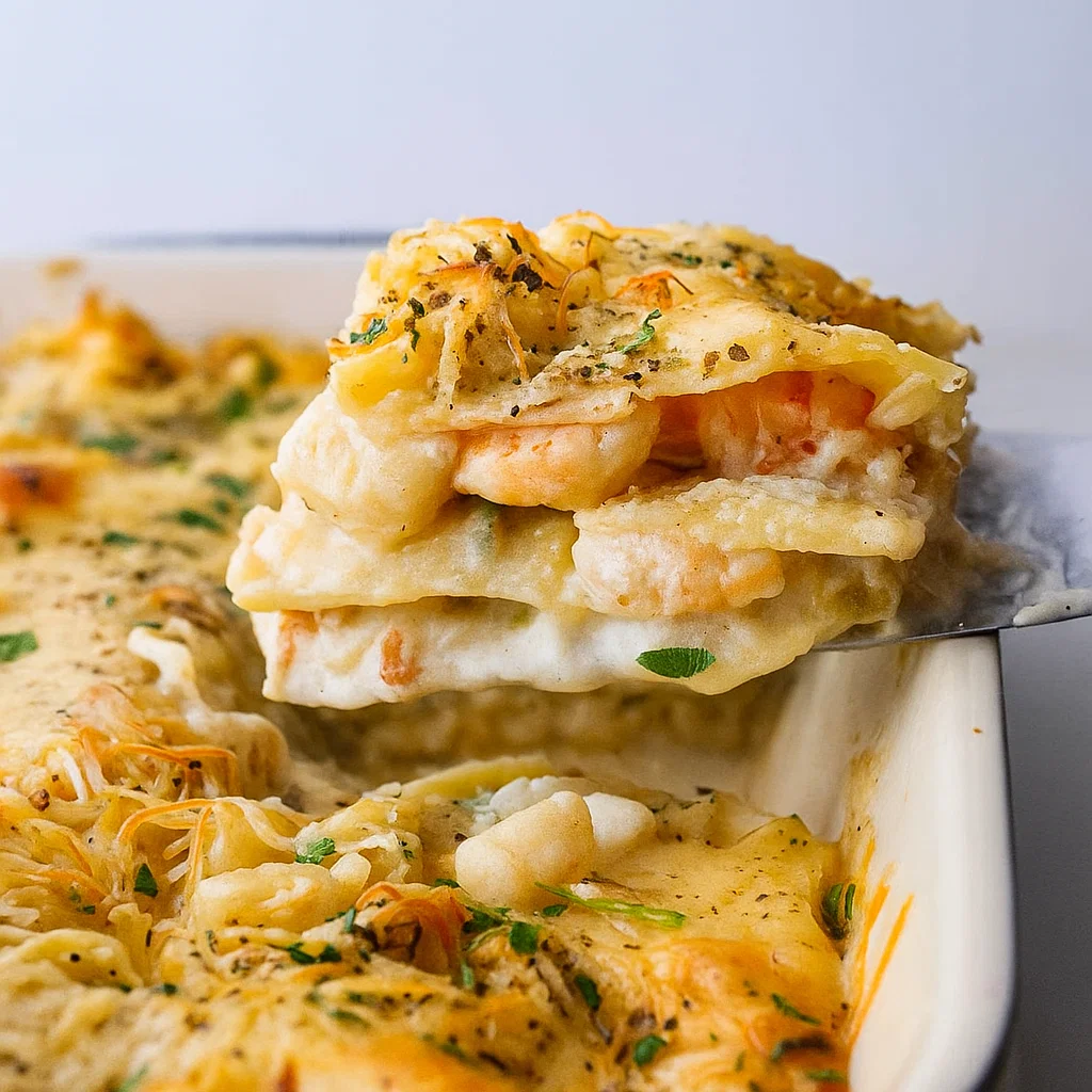creamy seafood lasagna slice with shrimp, scallops, and cheese