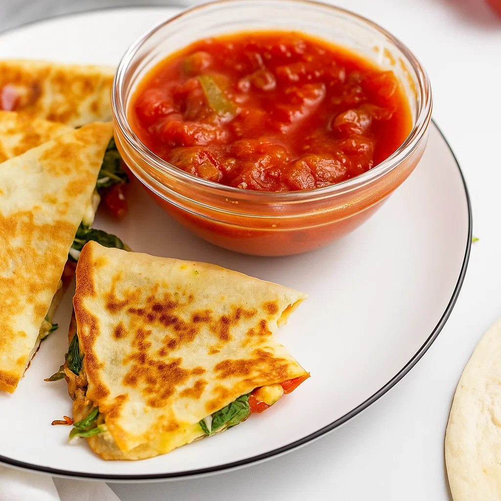 Spinach and Feta Quesadillas Spinach and feta quesadillas with salsa, yogurt, and salad sides