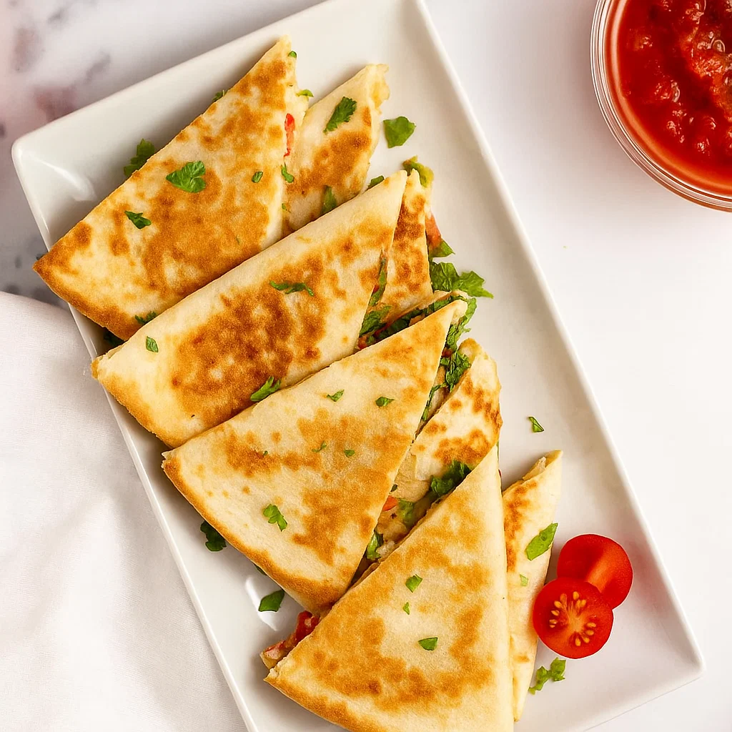Spinach and feta quesadillas served hot with tzatziki and herbs