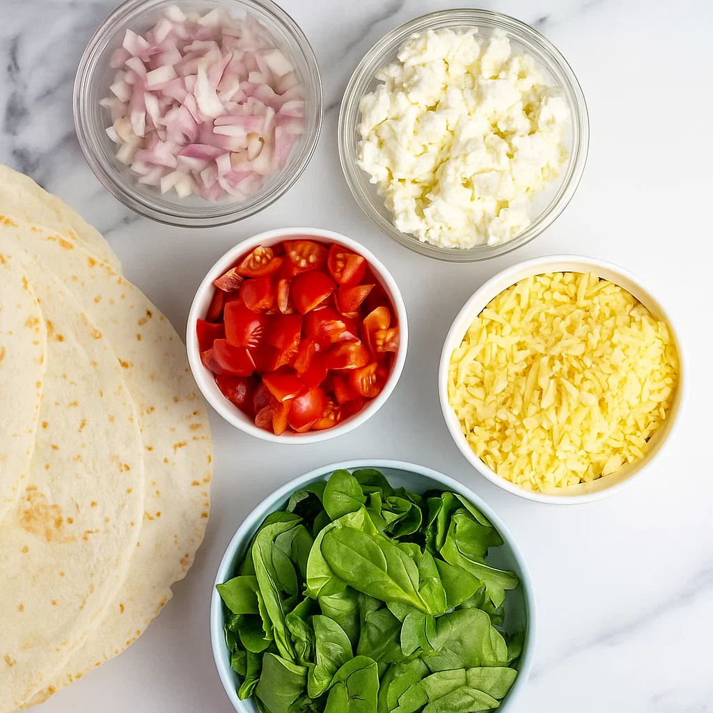 Spinach and Feta Quesadillas Tortilla filled with spinach, tomato, feta, onion, and mozzarella